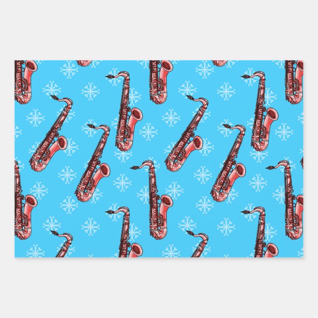 Christmas Saxophone Sax Player Musician Pattern Wrapping Paper Sheet (Front)