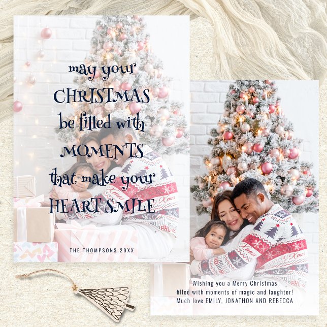 Christmas Saying Photo Overlay Navy Artsy Text Holiday Card (Front and back view. Available digitally and printed)