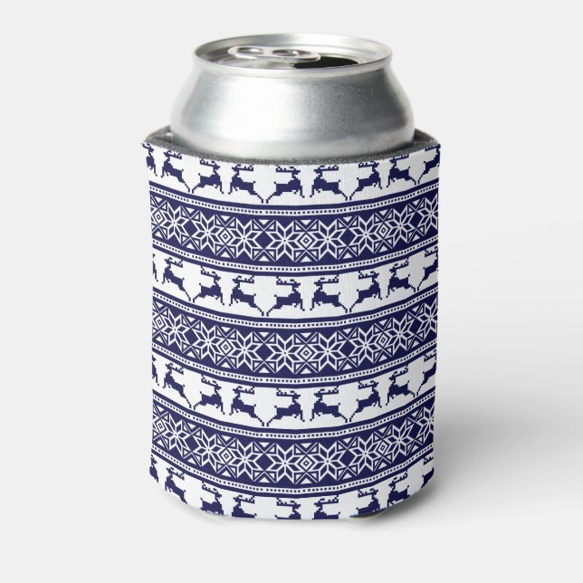Christmas, Scandinavian Folk Blue and White Can Cooler (Can Back)