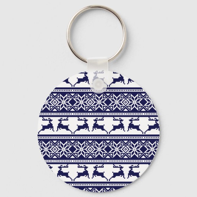 Christmas, Scandinavian Folk Blue and White Key Ring (Front)