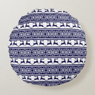 Christmas, Scandinavian Folk Blue and White Round Cushion