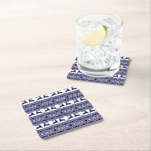Christmas, Scandinavian Folk Blue and White Square Paper Coaster