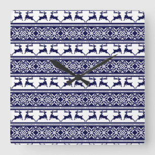 Christmas, Scandinavian Folk Blue and White Square Wall Clock