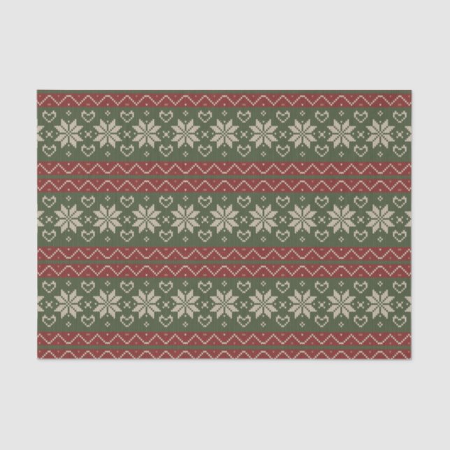 Christmas Scandinavian Knit Red Green Hearts Tissue Paper (Front)