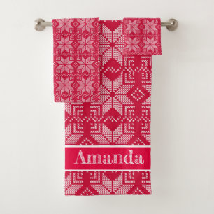 Christmas, Scandinavian, red, white, snowflakes Bath Towel Set