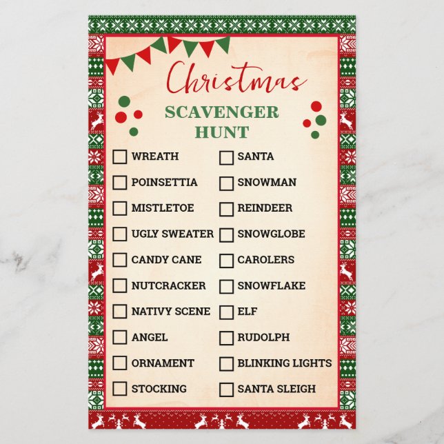 Christmas Scavenger Hunt Game Ugly Sweater Card (Front)