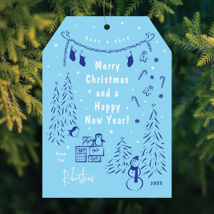 Christmas Scene Doodle Blue Christmas Card