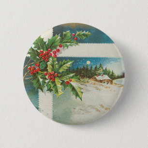 christmas scene holly snow winter artwork 6 cm round badge