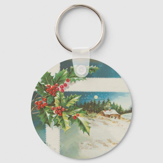 christmas scene holly snow winter artwork key ring (Front)