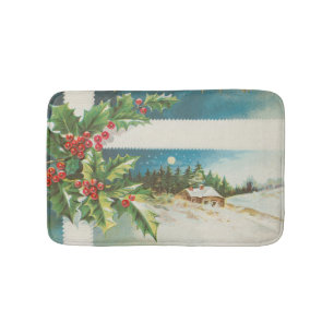 Christmas Scene Holly Snow Winter Bath Mat