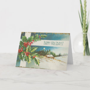 Christmas Scene Holly Snow Winter Card