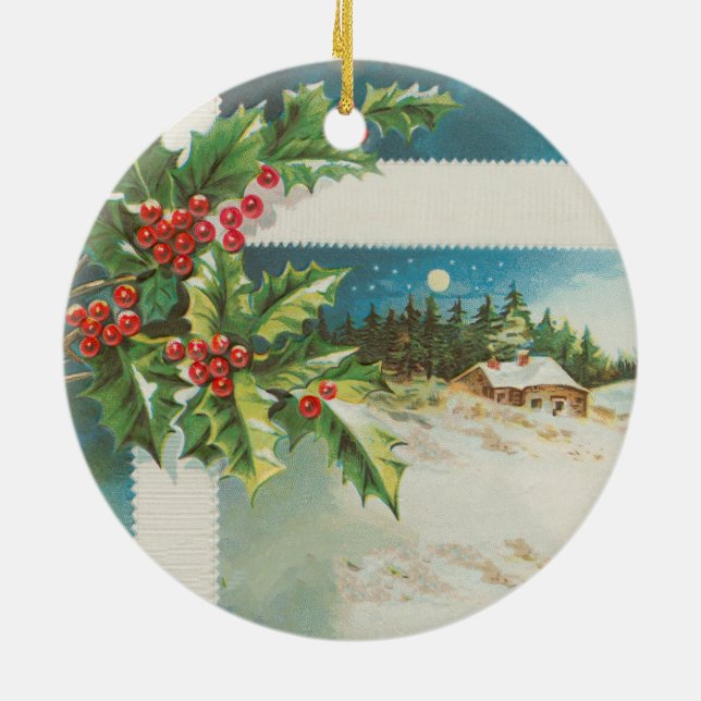 Christmas Scene Holly Snow Winter Ceramic Tree Decoration (Back)