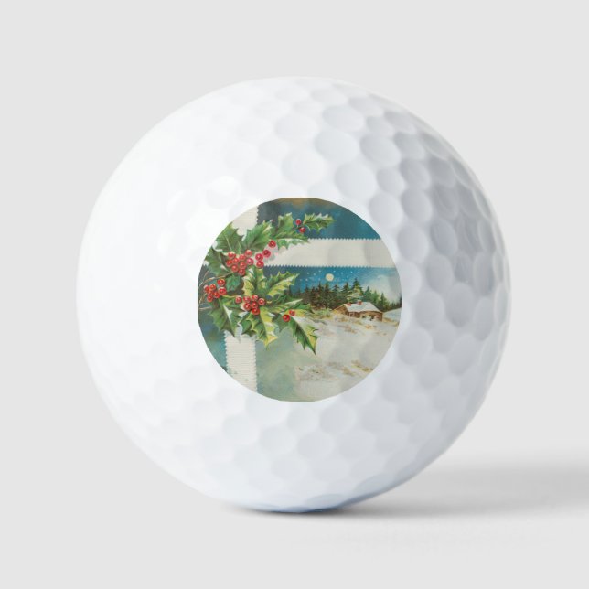Christmas Scene Holly Snow Winter Golf Balls (Front)