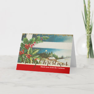 Christmas Scene Holly Snow Winter Holiday Card