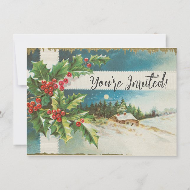 Christmas Scene Holly Snow Winter Invitation (Front)