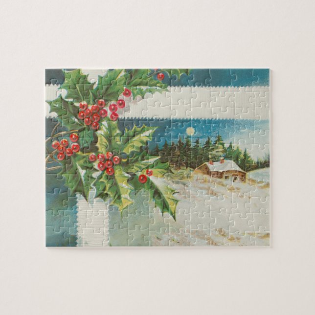 Christmas Scene Holly Snow Winter Jigsaw Puzzle (Horizontal)