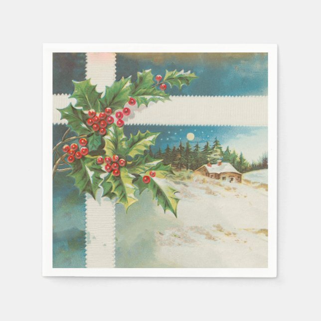 Christmas Scene Holly Snow Winter Napkin (Front)