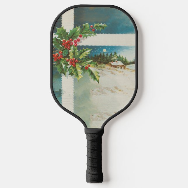 Christmas Scene Holly Snow Winter Pickleball Paddle (Front)