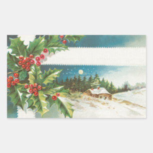 Christmas Scene Holly Snow Winter Rectangular Sticker