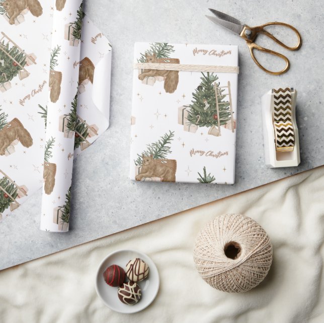 Christmas Scene Pine Tree Watercolor Holiday Gift Wrapping Paper (Crafts)