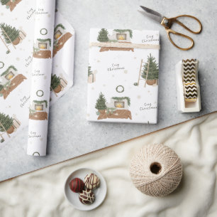 Christmas Scene Rustic Watercolor Holiday Gift Wrapping Paper