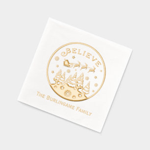 Christmas Scene with “Believe” Text Family Name Foil Napkins