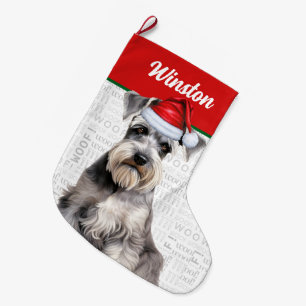 Christmas Schnauzer Dog Name Woof Background Large Christmas Stocking