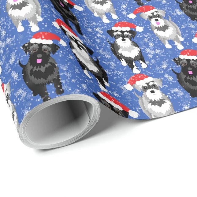 Christmas Schnauzers in Santa Hats Blue Snowflakes Wrapping Paper (Roll Corner)