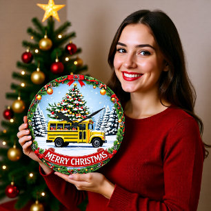 Christmas School Bus Winter Large Clock