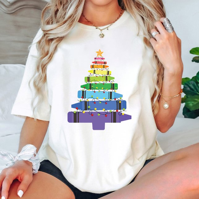 Christmas School Teacher Crayons Tree with Light T-Shirt (Christmas School Teacher Crayons Tree with Light T-Shirt)