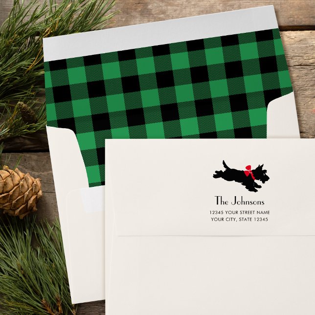 Christmas Scottie Dog Buffalo Plaid Name Green Envelope (Creator Uploaded)