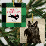 Christmas Scottie Dog Photo Buffalo Plaid Green Ceramic Ornament<br><div class="desc">A traditional Christmas design, ready for you to personalise with your own text and photo. This festive ceramic ornament features a Buffalo Plaid check and a vintage-style illustration of a Scottie Dog. On the reverse side of the template, you can add your own favourite photo. Perfect for photographs of pets,...</div>