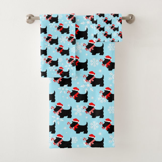 Christmas Scottie Dogs Pattern Bath Towel Set (Insitu)