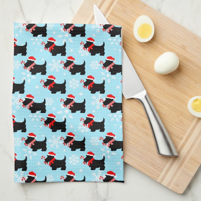 Christmas Scottie Dogs Pattern Tea Towel (Quarter Fold)