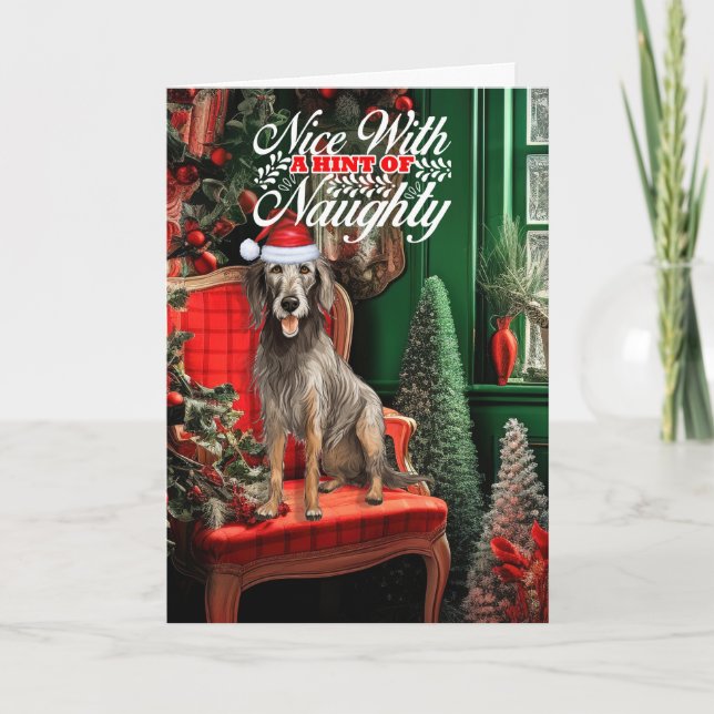 Christmas Scottish Deerhound Dog Naughty or Nice Holiday Card (Front)