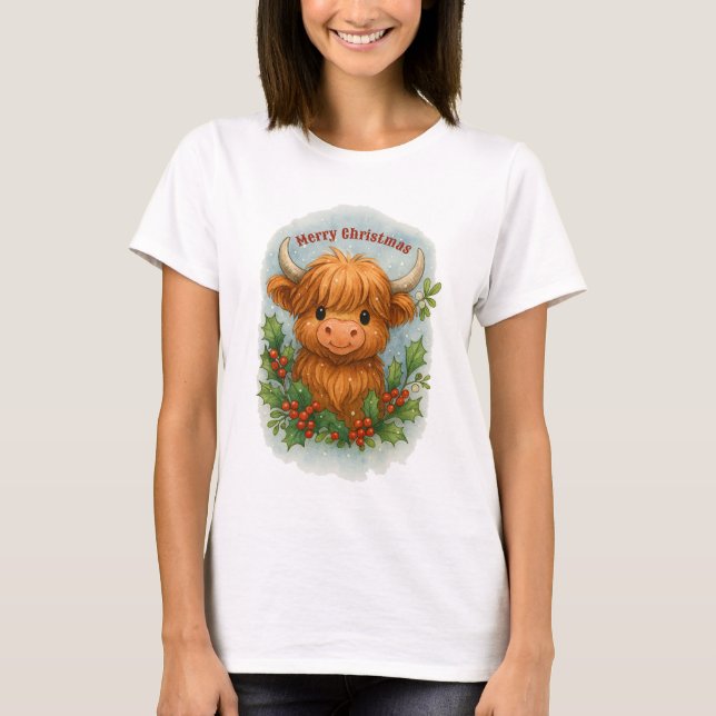 Christmas Scottish Highland Cow Holly & Mistletoe T-Shirt (Front)