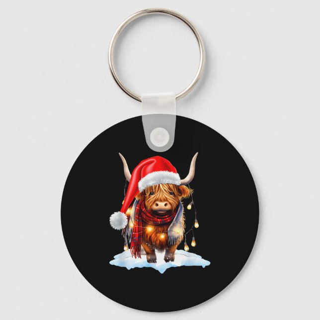 Christmas Scottish Highland Cow Wrapped In Christm Key Ring (Front)