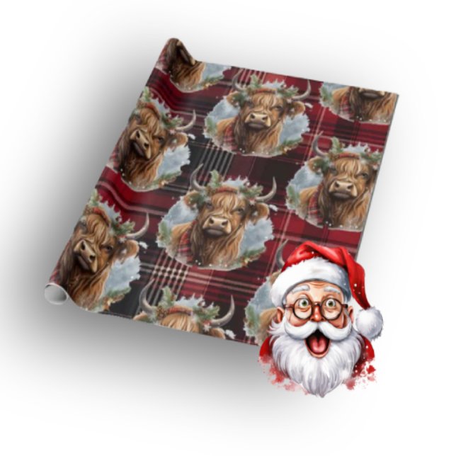 Christmas Scottish Tartan dark red Highlander Cow Wrapping Paper (Merry Christmas)
