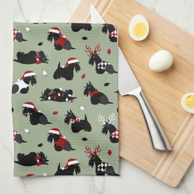 Christmas Scottish Terrier Green Tea Towel (Quarter Fold)