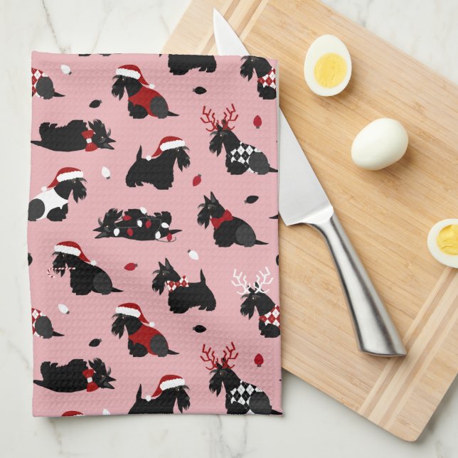 Christmas Scottish Terrier Pink Tea Towel (Quarter Fold)