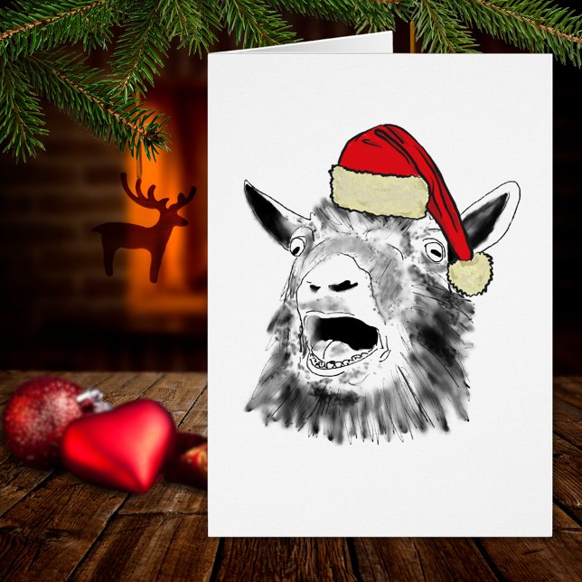 Christmas Screaming Goat (Funny Christmas screaming goat wearing a santa hat farm animal art holiday greetings card)