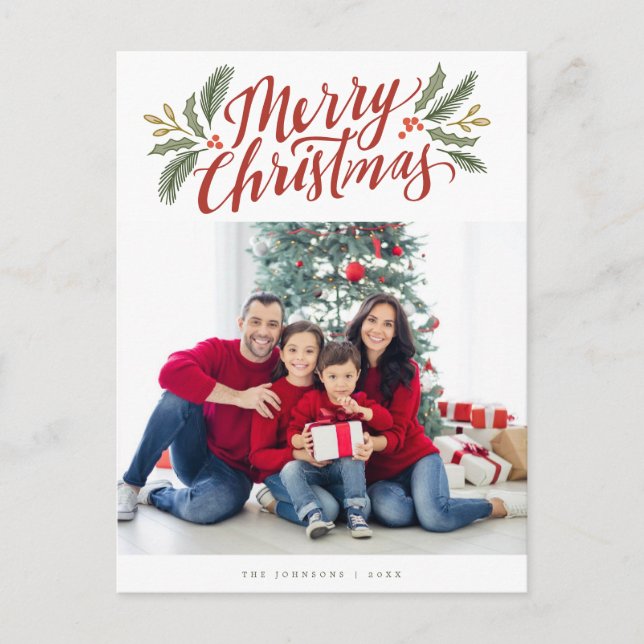 Christmas script and greens holiday multi-photo  postcard (Front)