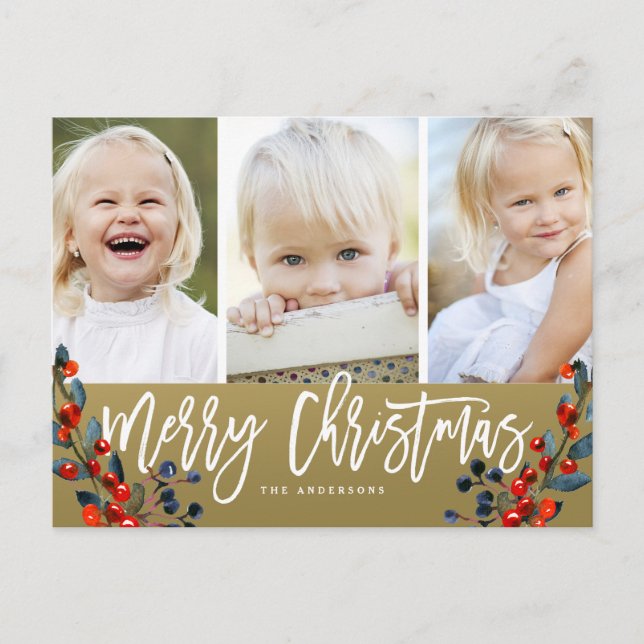 Christmas Script Berries 3 Photo Holiday (Front)