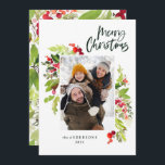 Christmas script botanical 1 photo red green holiday card<br><div class="desc">Christmas 1 photo watercolor floral and foliage holiday card. Beautiful watercolour painted foliage and modern script text. Part of a collection.</div>