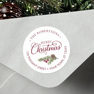Christmas Script Botanical Burgundy Return Address Classic Round Sticker
