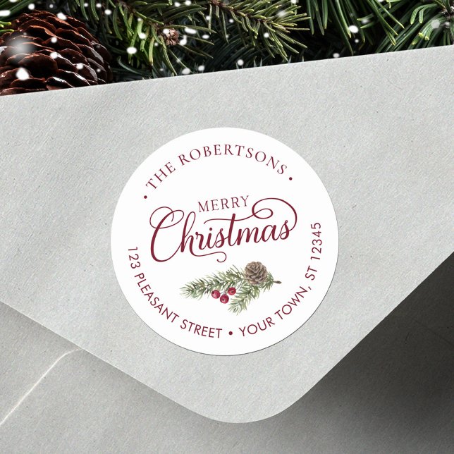 Christmas Script Botanical Burgundy Return Address Classic Round Sticker (Creator Uploaded)