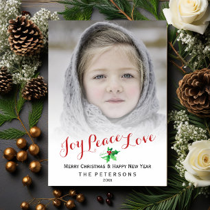 Christmas Script Joy Peace Love Holly Photo Holiday Card