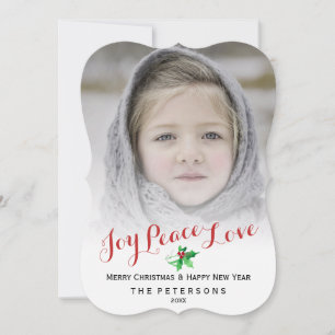 Christmas Script Joy Peace Love Holly Photo Holiday Card
