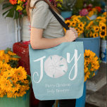 Christmas Script Joy typography Sand Dollar Tote Bag<br><div class="desc">This design features a Christmas tote bag,  with creative script,  with joy sand dollar typography,  with minimal,  beach,  coastal,  nautical theme,  custom gift idea.</div>