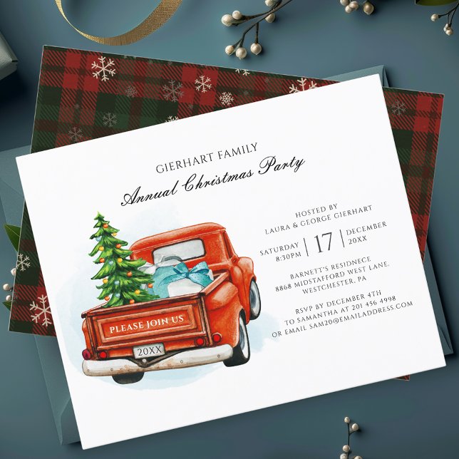 Christmas Script Red Truck Family Party Invitation (Rustic Christmas Party Red Truck Elegant Invitation)